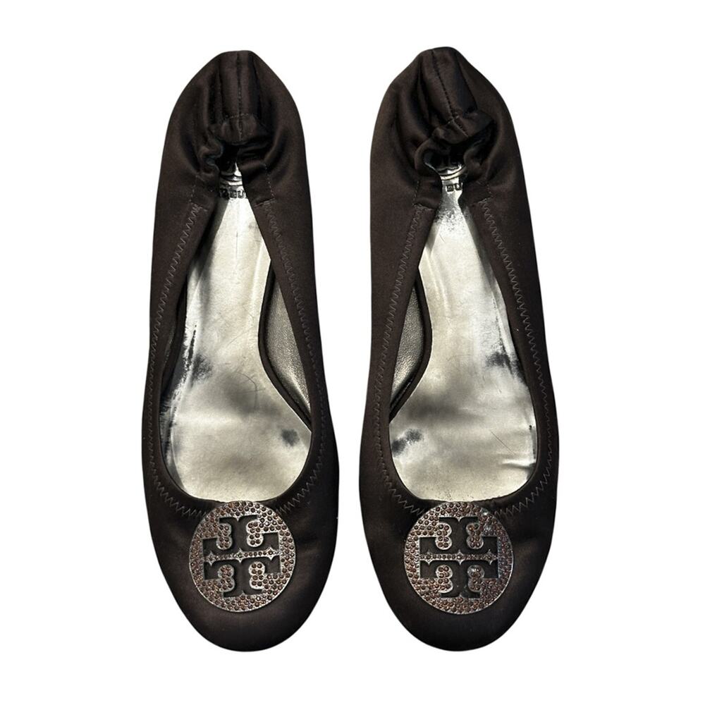 Tory Burch Minnie Crystal Reva Embellished Logo Ballet Flats Size 10 Brown - Picture 2 of 10